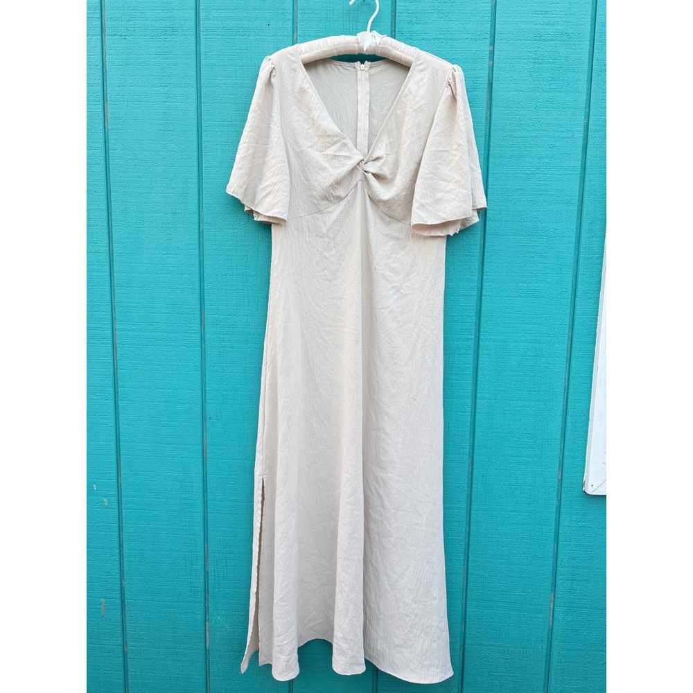 SHEIN Beige Twist Front Flutter Sleeve V-Neck Maxi Dress Side Slit Size Large